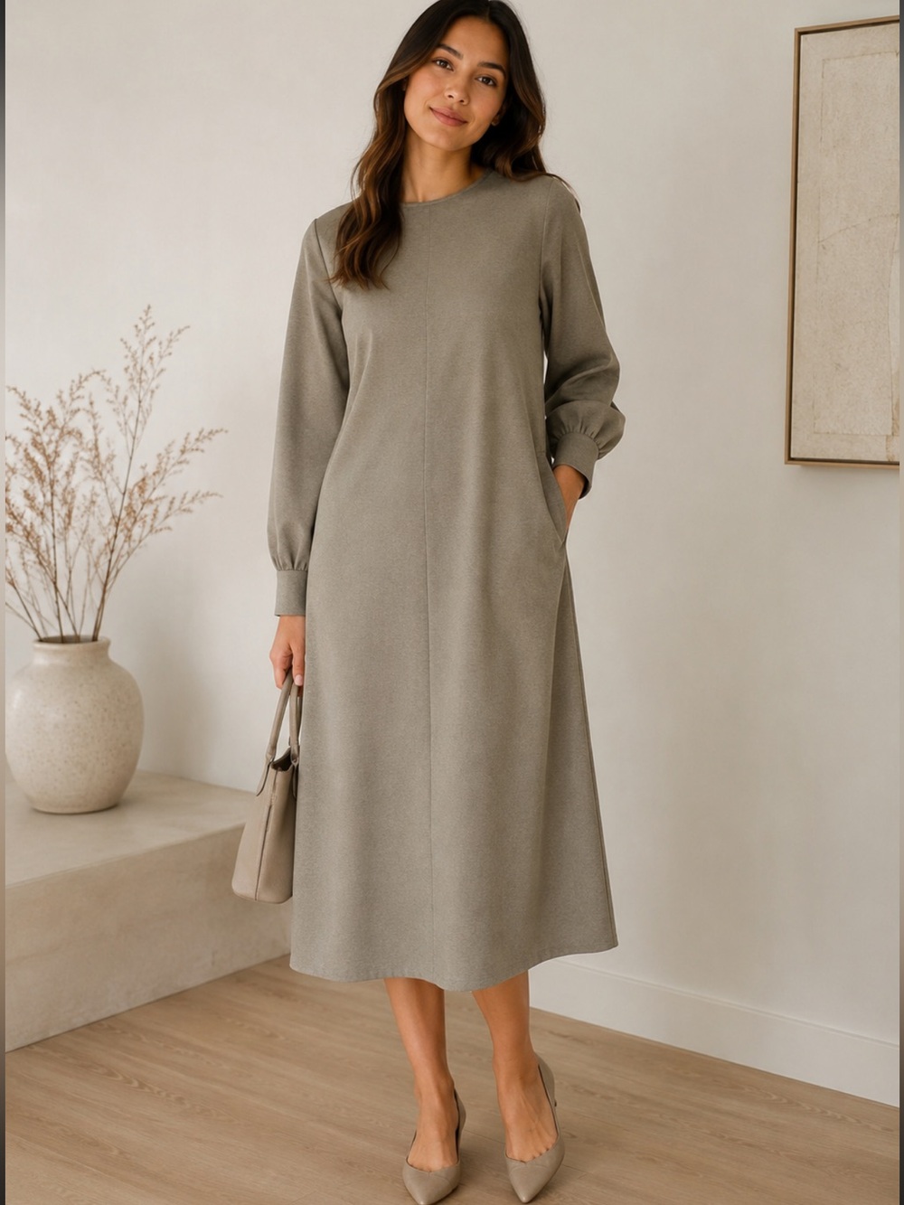 Uniqlo  beige long sleeves high neck midi dress  size medium new office career